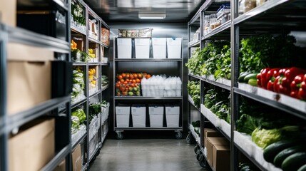 Organized industrial walk-in cooler with fresh vegetables and produce storage.