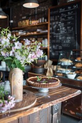 Naklejka premium Rustic Bakery Counter with Mocha Mousse Tart and Chalkboard Menu Display