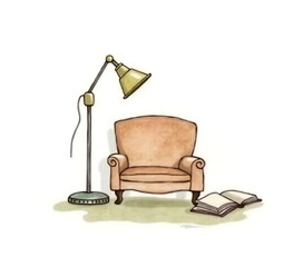 A watercolor illustration of a cozy reading scene features a chair, lamp, and book on a simple white background._00001_