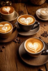 elegant stylish latte art designs captivatingly displayed rustic wooden table surface warm tones textures, aesthetic, ambiance, artistry, barista, beverage