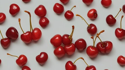 "Handful of light red stemmed cherries."

