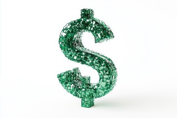 Obraz premium Three-Dimensional Emerald Dollar Symbol on a Clean White Background Representing Wealth and Finance