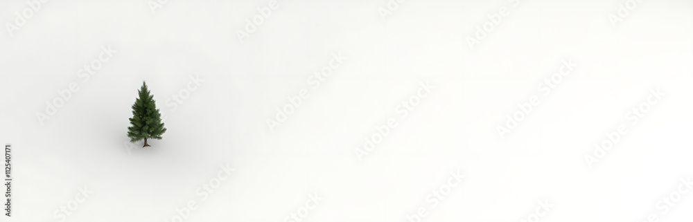 Poster a solitary christmas tree stands alone on a pure white background, surrounded by nothing but empty s