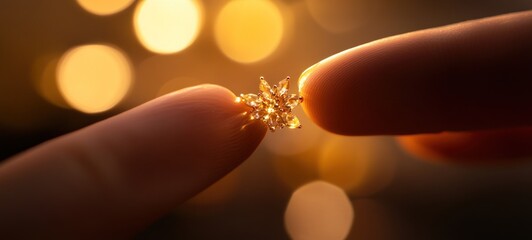 Golden Sparkle: A Close-Up of a Delicate Jewel Held Between Fingers