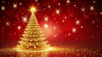 Golden Christmas Tree In Red Festive Background
