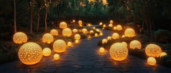 Fototapeta premium Glowing lanterns in various sizes illuminate a winding pathway surrounded by lush greenery, creating a dreamy night scene.