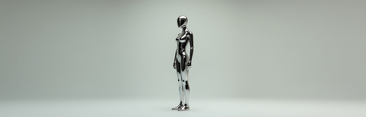 A sleek futuristic chrome mannequin stands isolated, its shiny metal surface glistening like a liquid human sculpture from a bygone era._00001_