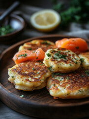 Delicious potato pancakes topped with red fish served on a rustic wooden plate