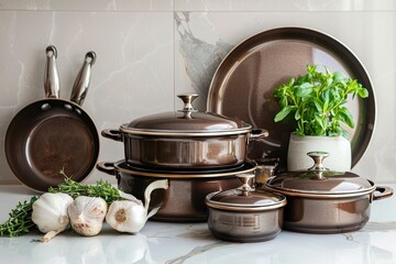 Elegant Mocha and Cream Cookware Set with Fresh Herbs for Stylish Kitchen Decor