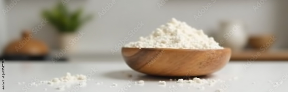 Poster a rustic wooden bowl contains white flour against a clean and simple kitchen background with minimal