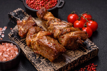 Delicious grilled chicken, turkey or pork skewers with salt, spices and herbs