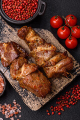 Delicious grilled chicken, turkey or pork skewers with salt, spices and herbs