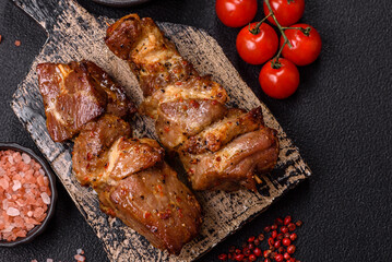 Delicious grilled chicken, turkey or pork skewers with salt, spices and herbs