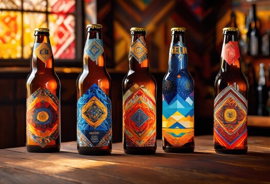 vibrant craft beer bottles featuring unique creative label designs array colors patterns artistic touches innovative concepts, graphics, beverage, alcohol