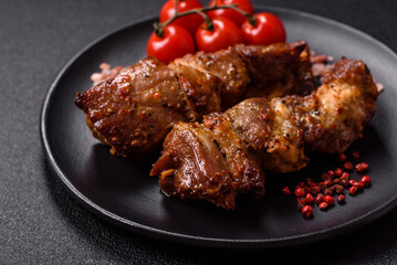 Delicious grilled chicken, turkey or pork skewers with salt, spices and herbs