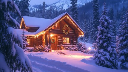 Naklejka premium Cozy Snow-Covered Cabin with Festive Christmas Lights in a Winter Wonderland