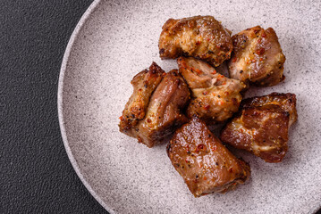 Delicious grilled chicken, turkey or pork skewers with salt, spices and herbs