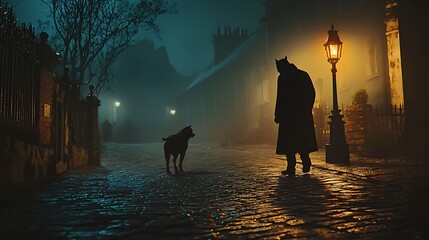 A man and a dog walk down a cobblestone street at night