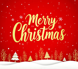 A gold typographical design features a festive winter scene with snowflakes, stars, and a red background on a merry Christmas card illustration._00001_