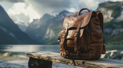 Rustic Travel Ad Featuring Mocha Leather Backpack with Mountain Scenery for Outdoor Adventure Inspiration