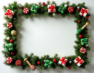 A frame constructed with fir tree branches, festive decorations, candies, and colorful gift boxes for a whimsical display._00001_
