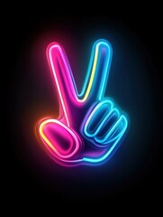Vibrant neon peace hand sign glowing in colorful pink, blue, and yellow hues on a black background, AI