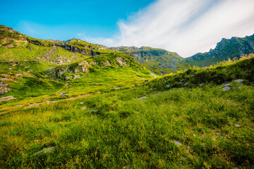 Fagaras mountains with Transfagarasan serpentine road in Sibiu County, Romania. Tansfaragasan road in the carpathian mountains. Top view