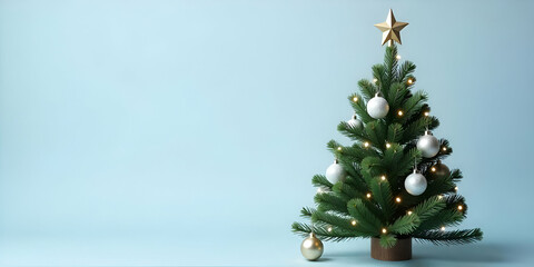 Minimalist Christmas Tree with Ornaments and Lights on Background