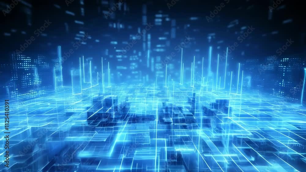 Poster Abstract digital data background. 3D animation. Future technology concept. Ai and artificial intelligence. Big data visualization