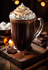 deliciously steaming hot cocoa topped velvety whipped cream rich chocolate drizzle, beverage, drink, sweet, dessert, warm, creamy, milk, foam, frothy, sugar