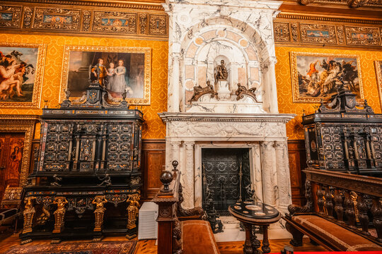 Historical royal room in Peles Castle. The Peles castle in the town of Sinaia, Transylvania, Carpathian Mountains, Romania