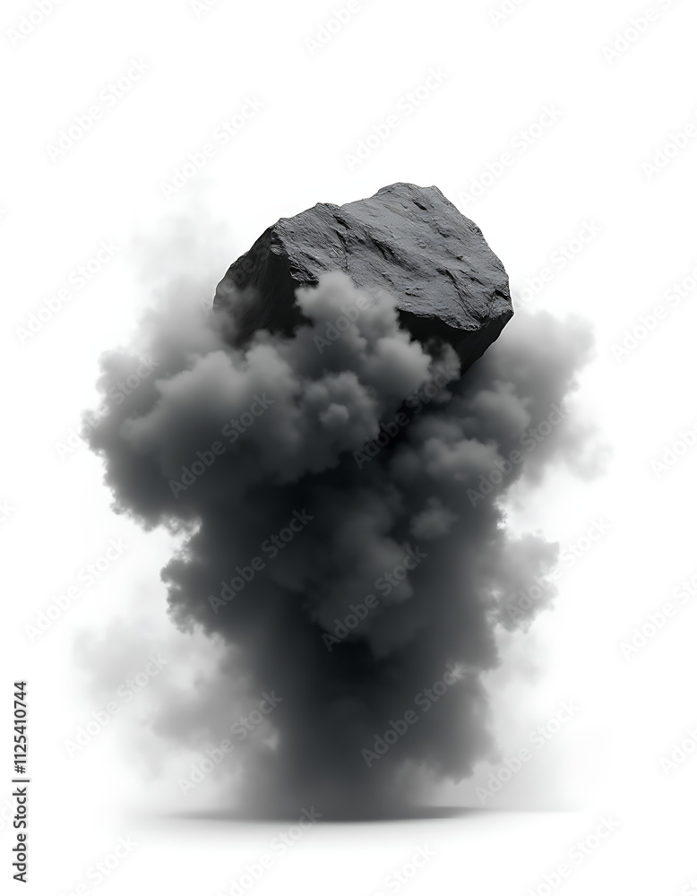 Poster A dark rock explodes in a cloud of smoke and dust on an isolated white background created by generative AI._00001_