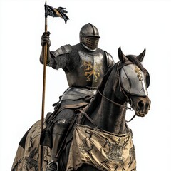 Fantasy knight riding noble steed with lance in enchanted forest