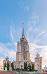 Obraz premium high-rise stalinist building near river at summer sunset in Moscow, Russia. Historic name is Hotel Ukraine.