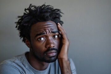 Obraz premium Distressed African American Male Confronting Unexpected Challenges with Shocked Expression