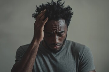 Obraz premium Portrait of Upset African American Man in Grey T-Shirt Experiencing Stresses from Unexpected Problems