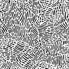 A seamless black-and-white abstract pattern featuring irregular wavy lines and dots, creating a dynamic and modern texture suitable for backgrounds or textile design