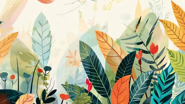 Vibrant animated tropical jungle scene with colorful leaves and abstract patterns