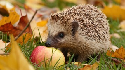Fototapeta premium Hedgehog on the grass surrounded by autumn leaves. A hedgehog is gnawing on a red and yellow apple lying in the grass.