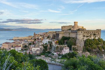 Fototapeta premium Beautiful view of the medieval city of Gaeta with its fortress on a rock above the Mediterranean Sea