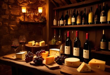 chic display elegant wine bottles accompanied artfully arranged assorted cheese selections rustic wooden board, artisan, charcuterie, platter, red, white