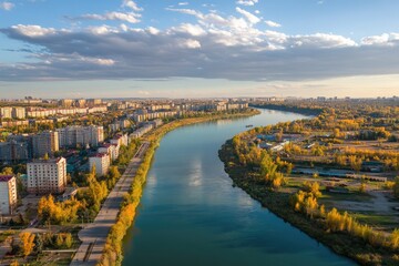 Fototapeta premium Aerial View of the Lower Ural River in Saray Yuek, Atyrau: A Scenic Snapshot of Kazakhstan's Central Asia