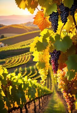 vibrant vineyard landscape rich colorful grapes glistening wine bottles surrounded lush greenery rolling hills, field, rural, plantation, grass, sky, clouds
