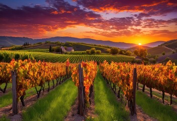 Naklejka premium breathtaking sunset over vibrant vineyard landscape filled lush grapes colorful hues reflecting atmosphere, biodynamic, colors, nature, organic, fields