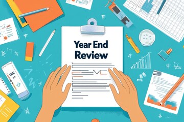 Vector illustration with a paper with the text Year End Review, in business and industry , end of fiscal year, reviewing the year