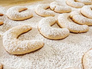 Closeup of German-Austrian homemade Vanille Kipferl cookies