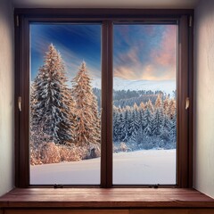 View of snowy mountains and pine trees at sunset from a cozy wooden window