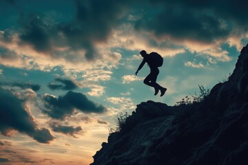 Evolving Beyond: Silhouette of a Man Jumping from Old to New Against a Cloudy Sky, Embracing Future Success and Growth