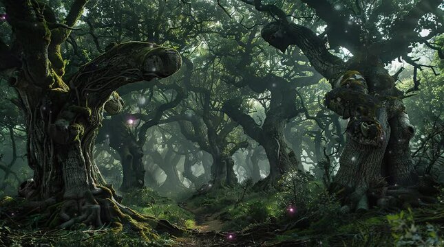 Mysterious dark forest with twisted swirling trees in eerie atmosphere  
Seamless looping 4k time-lapse virtual video animation Generated AI
