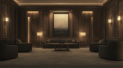 Luxurious living room in dark beige tones. Brown and gray room interior design accents. Mockup of an empty wall for drawing. Large sofas in the living room. 